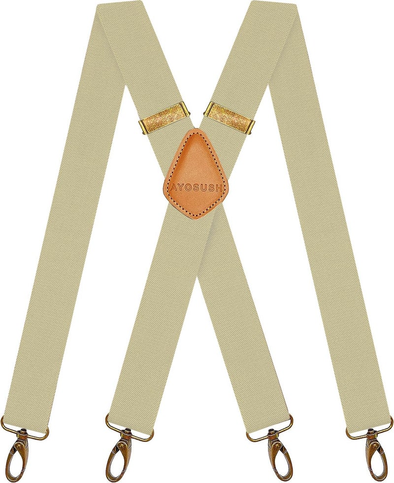 AYOSUSH Vintage Suspenders for Men Heavy Duty 4 Snap Hooks for Belt Loops Adjustable X Back (Beige 2, One Size) - Image 1